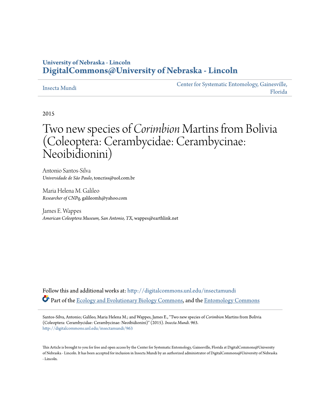 Two New Species of &lt;I&gt;Corimbion&lt;/I&gt; Martins from Bolivia (Coleoptera