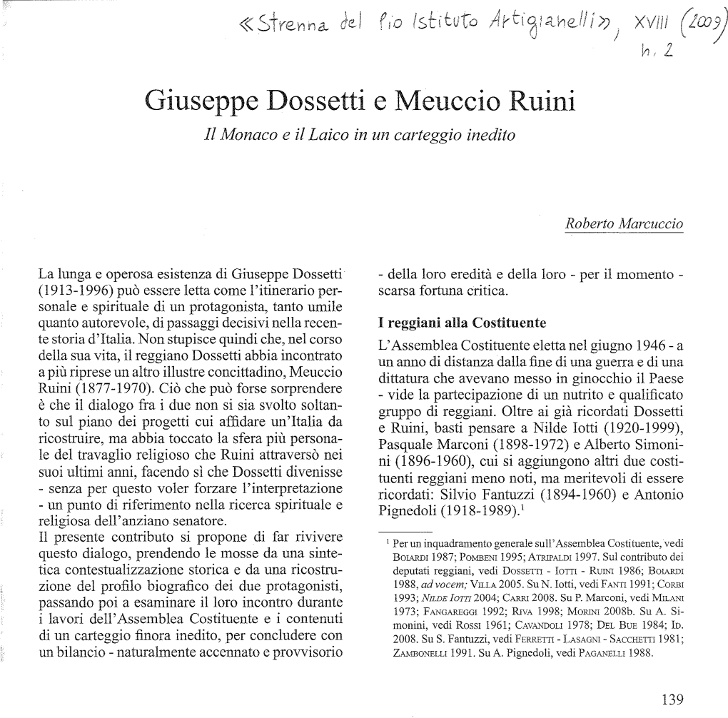 Giuseppe Dossetti E Meuccio Ruini Il Monaco E Il Laico in Un Carteggio Inedito