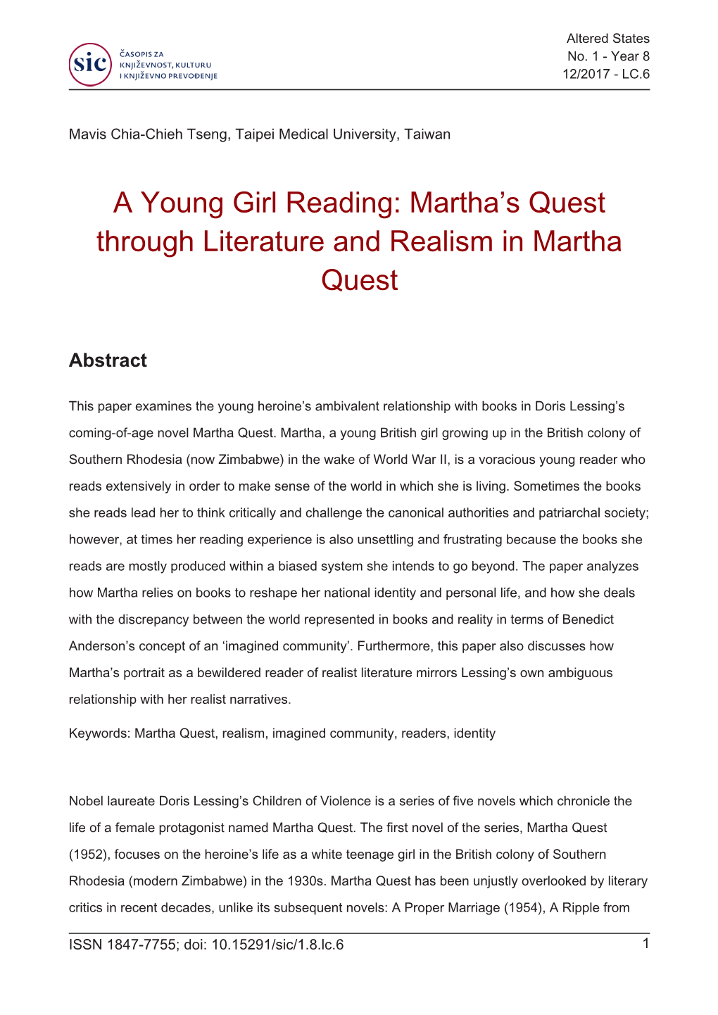 A Young Girl Reading: Martha's Quest Through Literature and Realism in Martha Quest