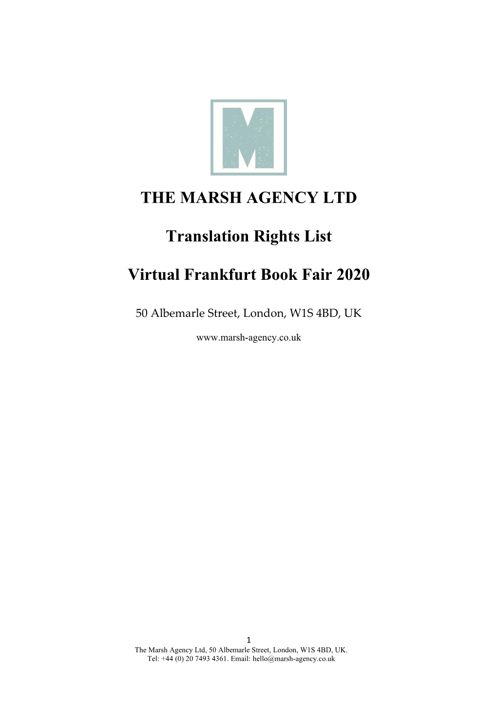 THE MARSH AGENCY LTD Translation Rights List Virtual Frankfurt Book Fair 2020