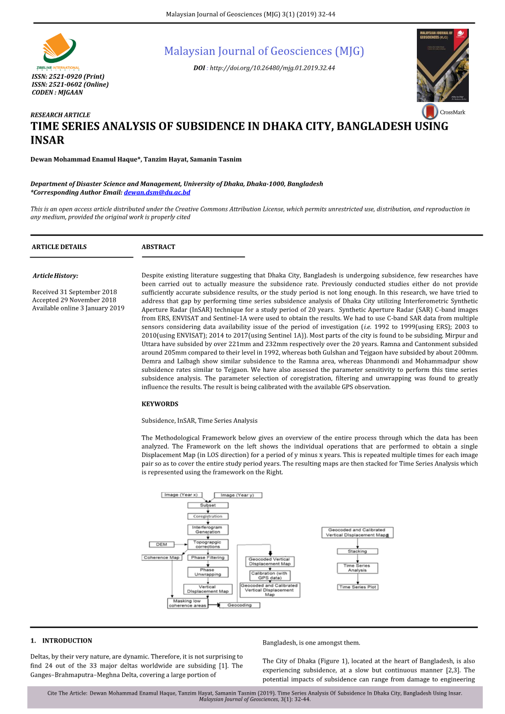 Time Series Analysis of Subsidence in Dhaka City, Bangladesh Using Insar