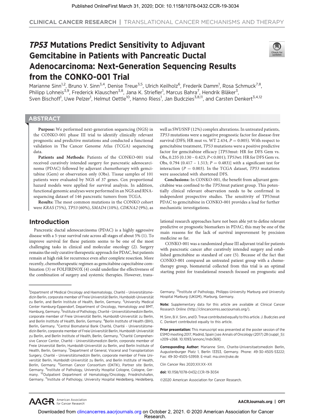 TP53 Mutations Predict Sensitivity to Adjuvant Gemcitabine in Patients