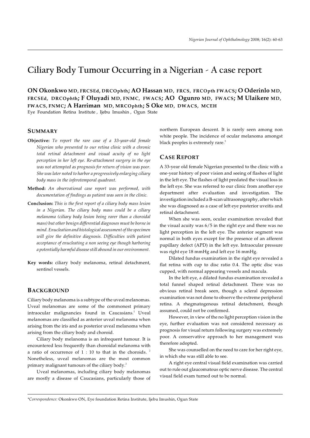 Ciliary Body Tumour Occuring in a Nigerian