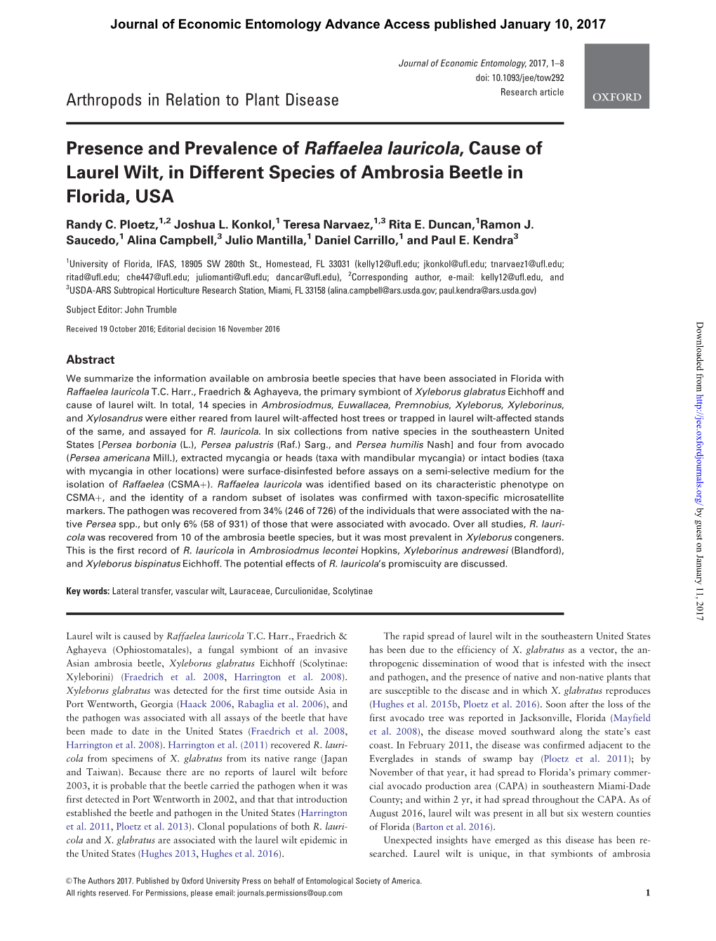 Presence and Prevalence of Raffaelea Lauricola, Cause of Laurel Wilt, in Different Species of Ambrosia Beetle in Florida, USA