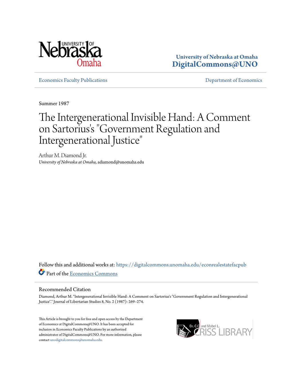 The Intergenerational Invisible Hand: a Comment on Sartorius's "Government Regulation and Intergenerational Justice"