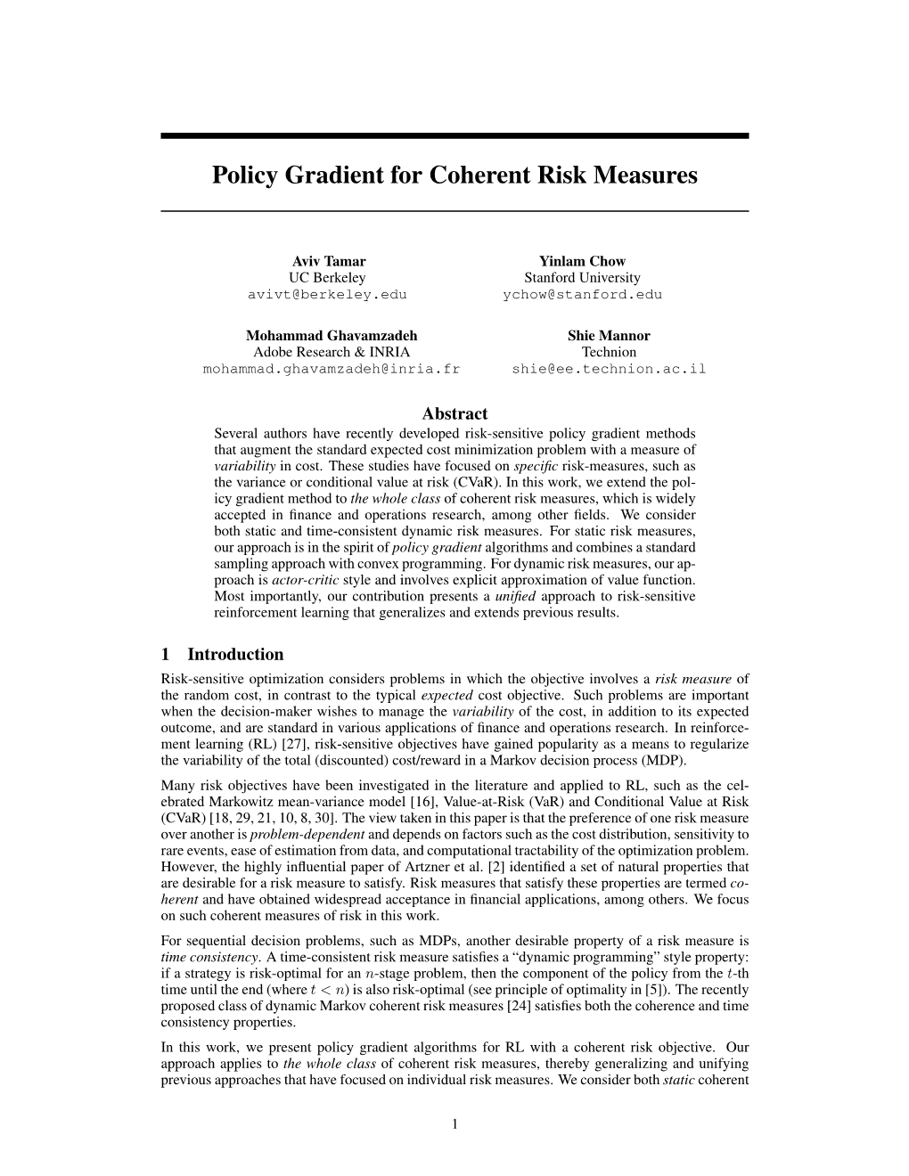 Policy Gradient for Coherent Risk Measures