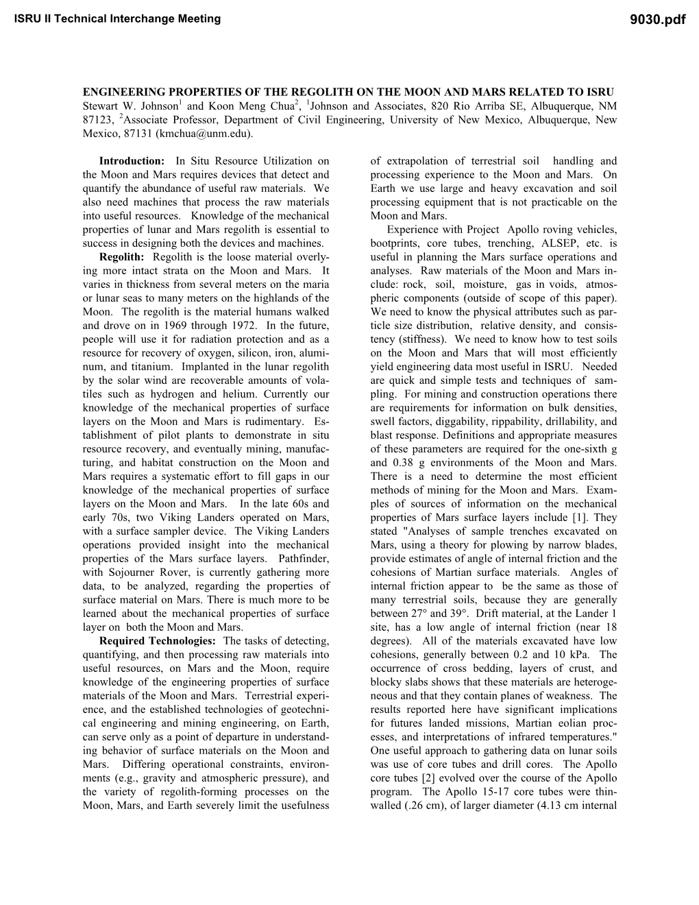 ENGINEERING PROPERTIES of the REGOLITH on the MOON and MARS RELATED to ISRU Stewart W