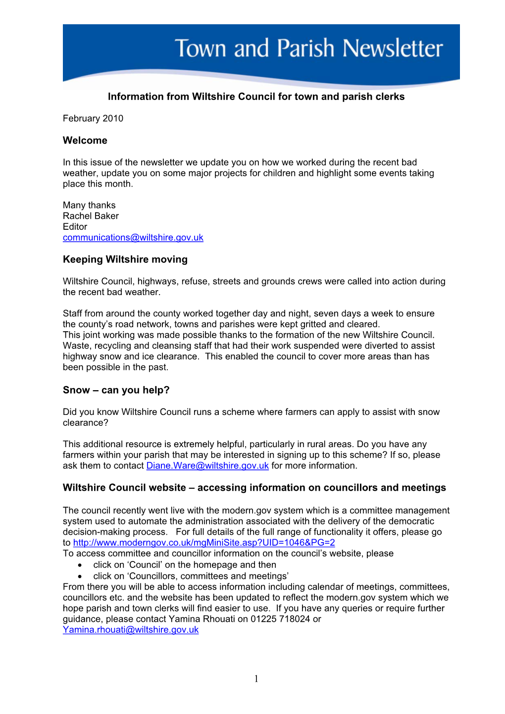 1 Information from Wiltshire Council for Town and Parish Clerks Welcome