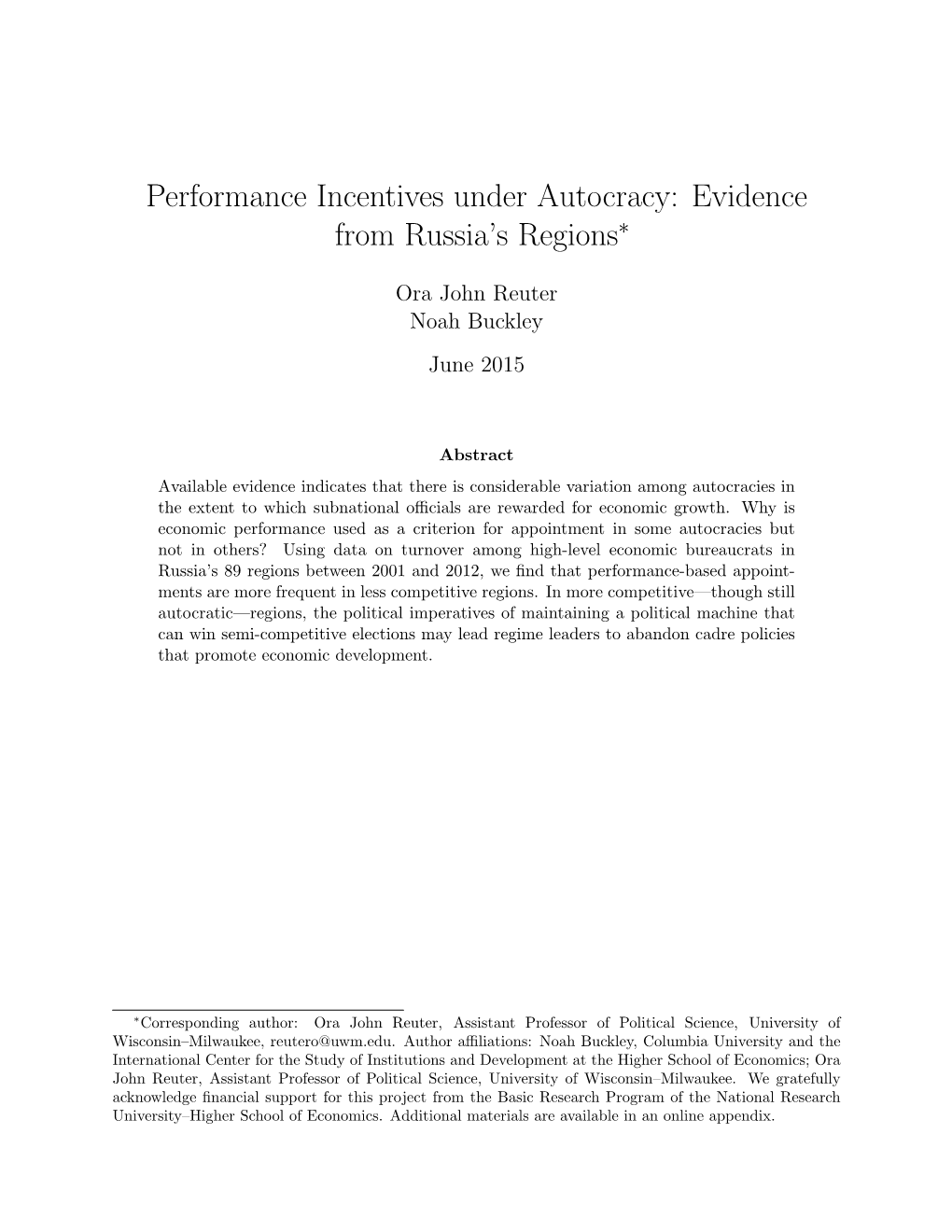 Performance Incentives Under Autocracy: Evidence from Russia's