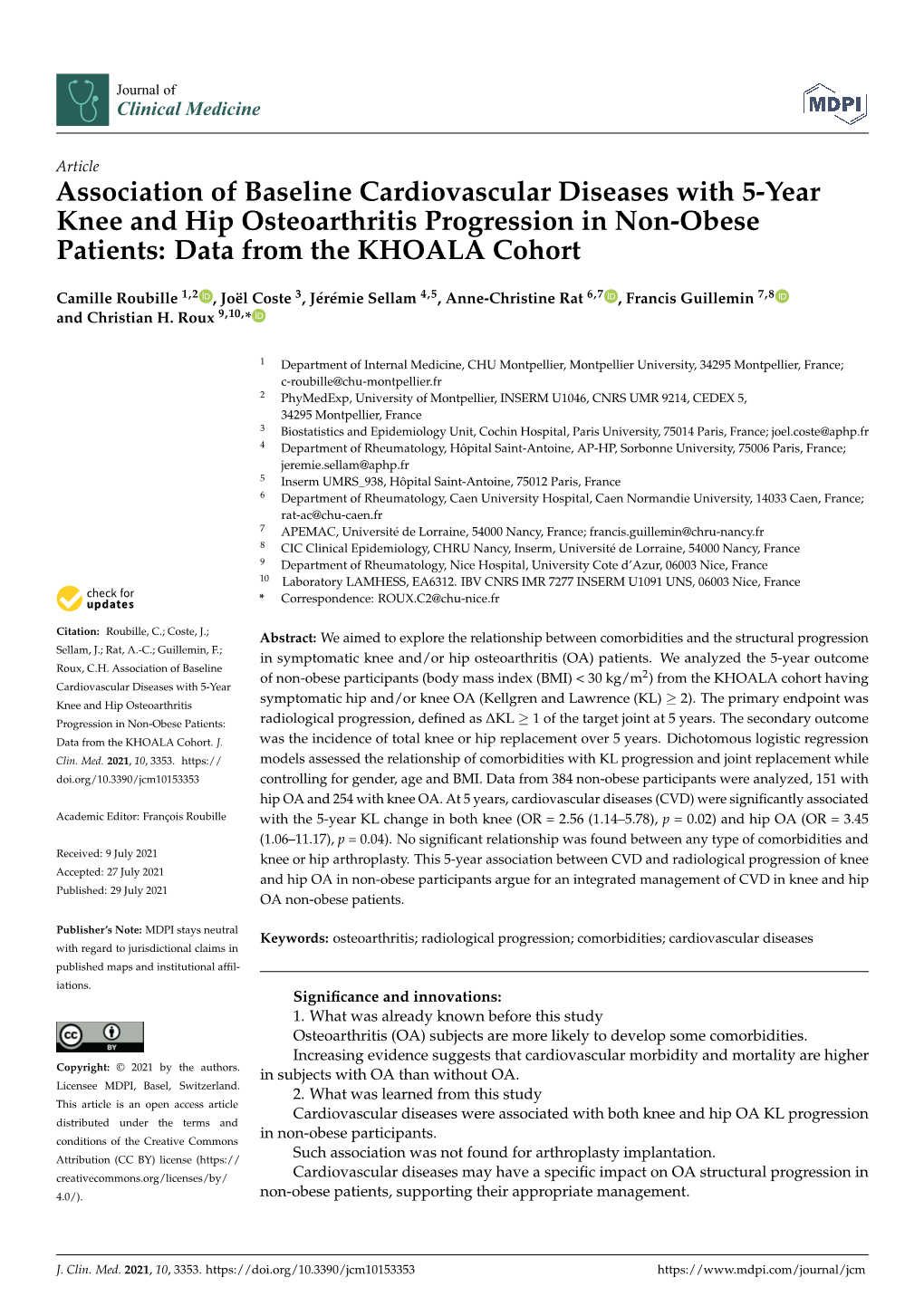 Association of Baseline Cardiovascular Diseases with 5-Year Knee and Hip Osteoarthritis Progression in Non-Obese Patients: Data from the KHOALA Cohort