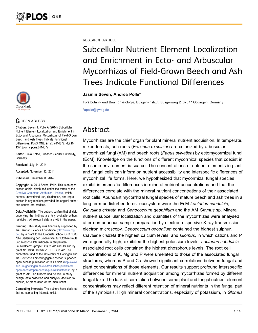 Subcellular Nutrient Element Localization and Enrichment in Ecto- and Arbuscular Mycorrhizas of Field-Grown Beech and Ash Trees Indicate Functional Differences