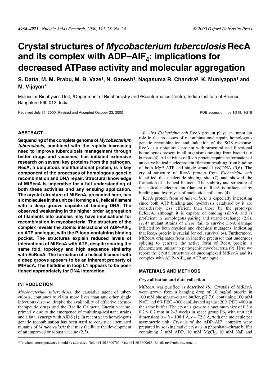 Crystal Structures of Mycobacterium Tuberculosis Reca