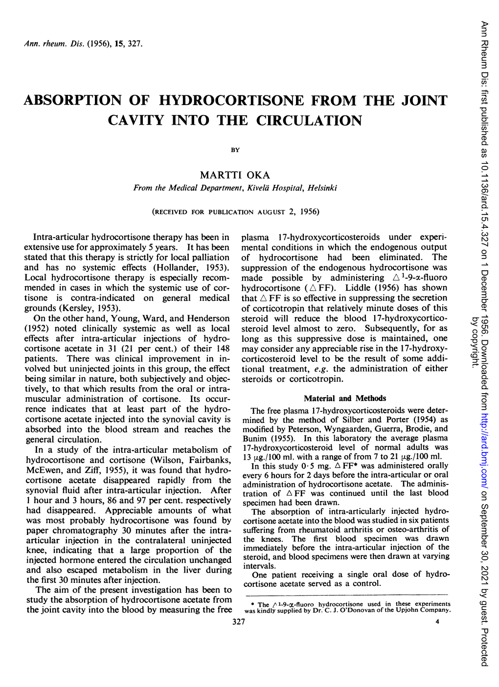 Absorption Ofhydrocortisone from the Joint