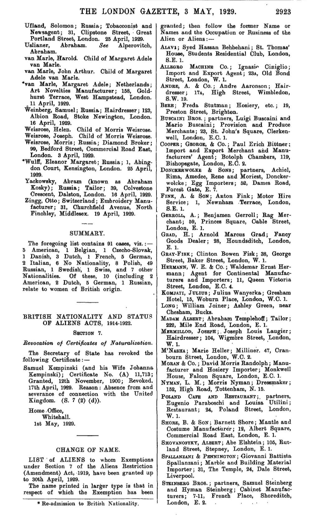The London Gazette, 3 May, 1929. 2923