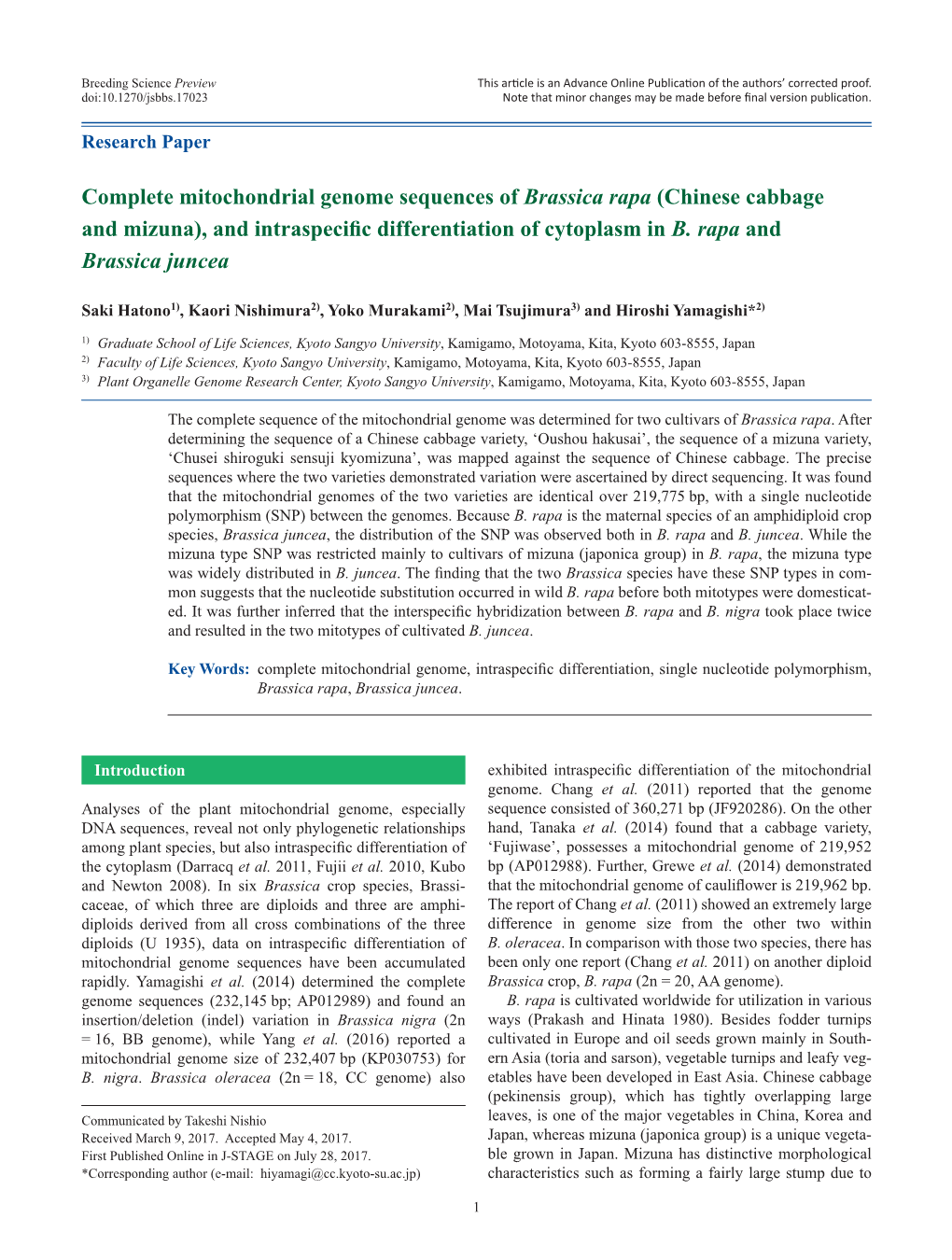 Complete Mitochondrial Genome Sequences of Brassica Rapa (Chinese Cabbage and Mizuna), and Intraspecific Differentiation of Cytoplasm in B