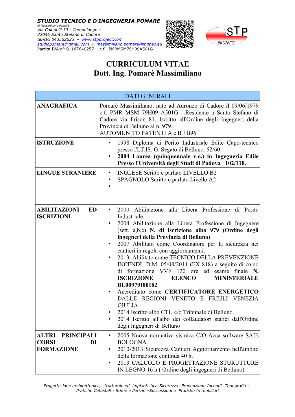 CURRICULUM VITAE Dott. Ing. Pomarè Massimiliano