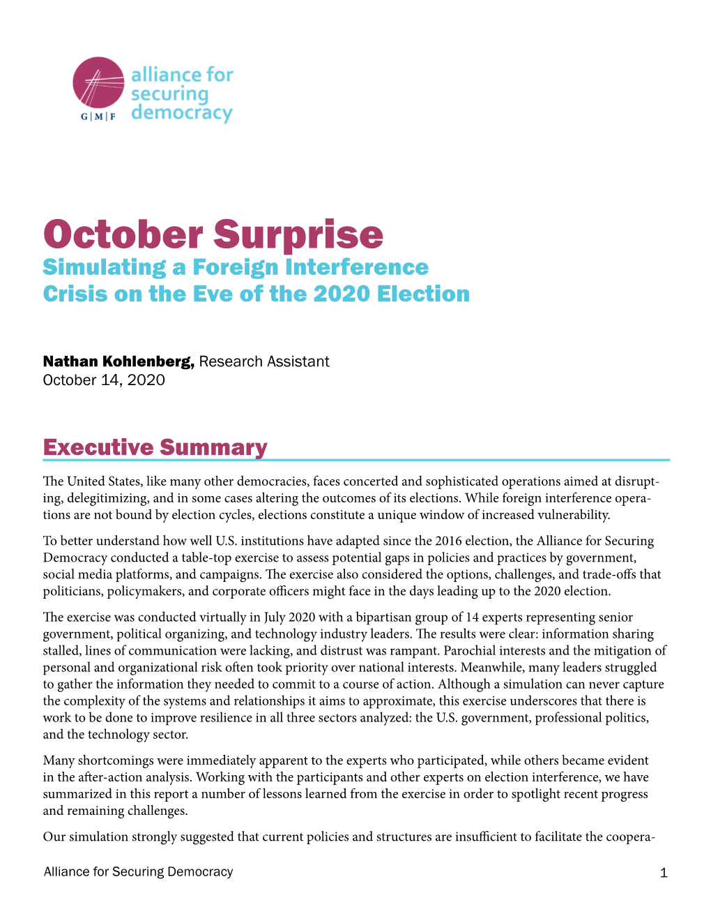 October Surprise Simulating a Foreign Interference Crisis on the Eve of the 2020 Election