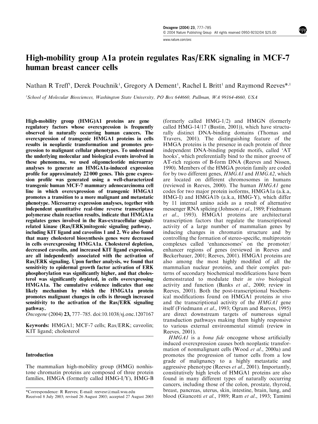 High-Mobility Group A1a Protein Regulates Ras/ERK Signaling in MCF-7 Human Breast Cancer Cells