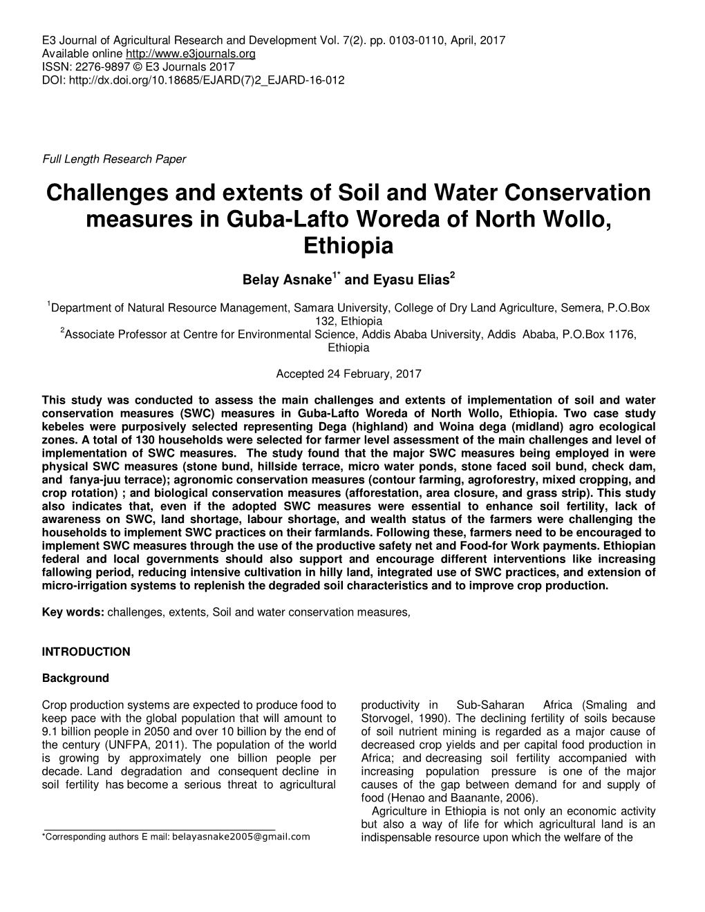 Challenges and Extents of Soil and Water Conservation Measures in Guba-Lafto Woreda of North Wollo, Ethiopia