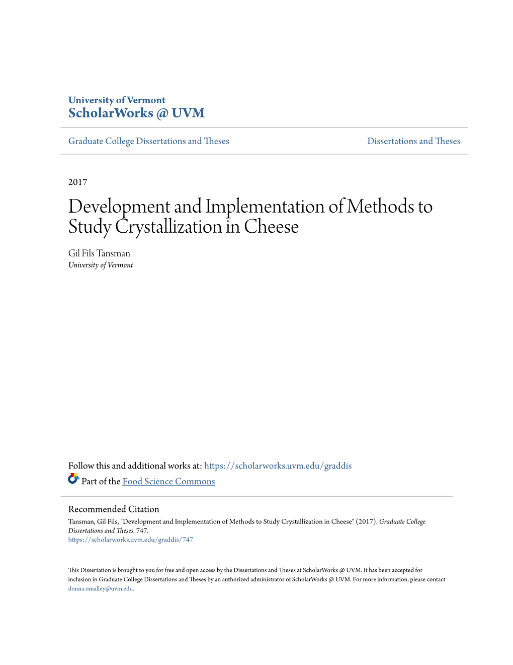 Development and Implementation of Methods to Study Crystallization in Cheese Gil Fils Tansman University of Vermont