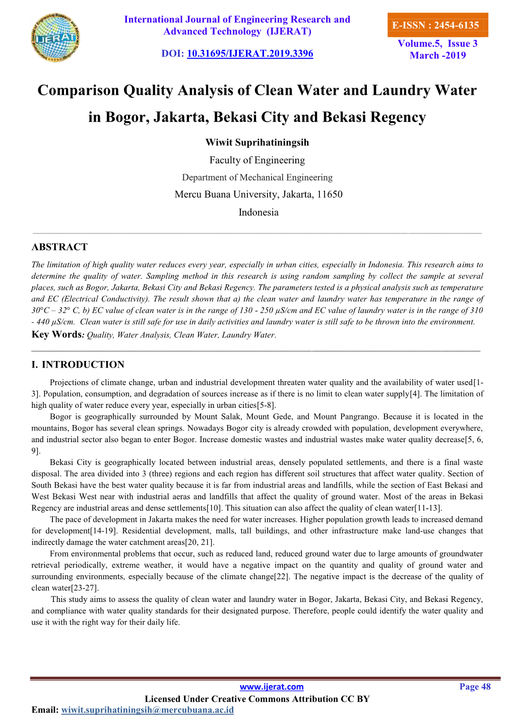 Comparison Quality Analysis of Clean Water and Laundry Water in Bogor, Jakarta, Bekasi City and Bekasi Regency