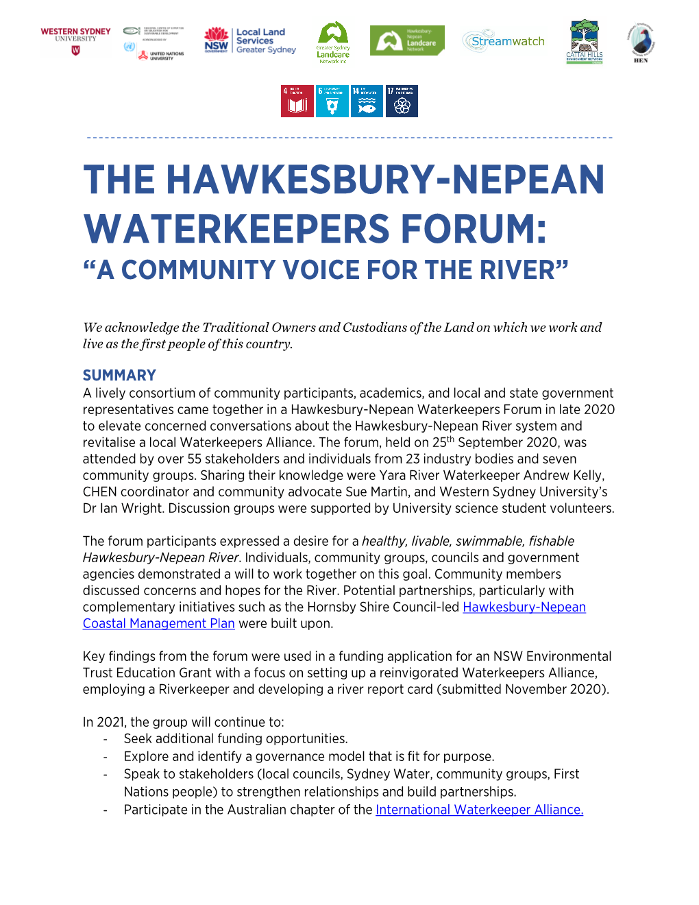 Hawkesbury-Nepean Waterkeeper Forum