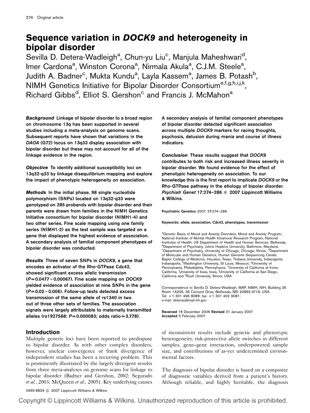 Sequence Variation in DOCK9 and Heterogeneity in Bipolar Disorder Sevilla D