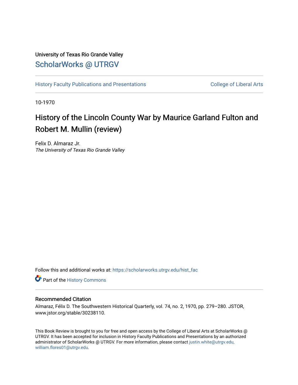 History of the Lincoln County War by Maurice Garland Fulton and Robert M