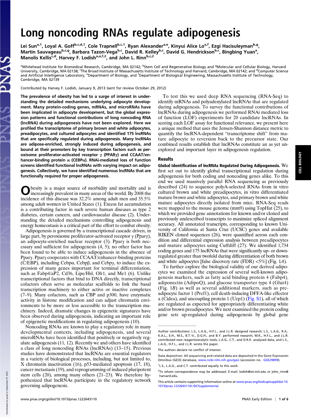 Long Noncoding Rnas Regulate Adipogenesis