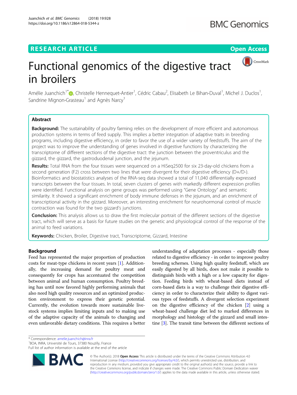 Functional Genomics of the Digestive Tract in Broilers Amélie Juanchich1* , Christelle Hennequet-Antier1, Cédric Cabau2, Elisabeth Le Bihan-Duval1, Michel J