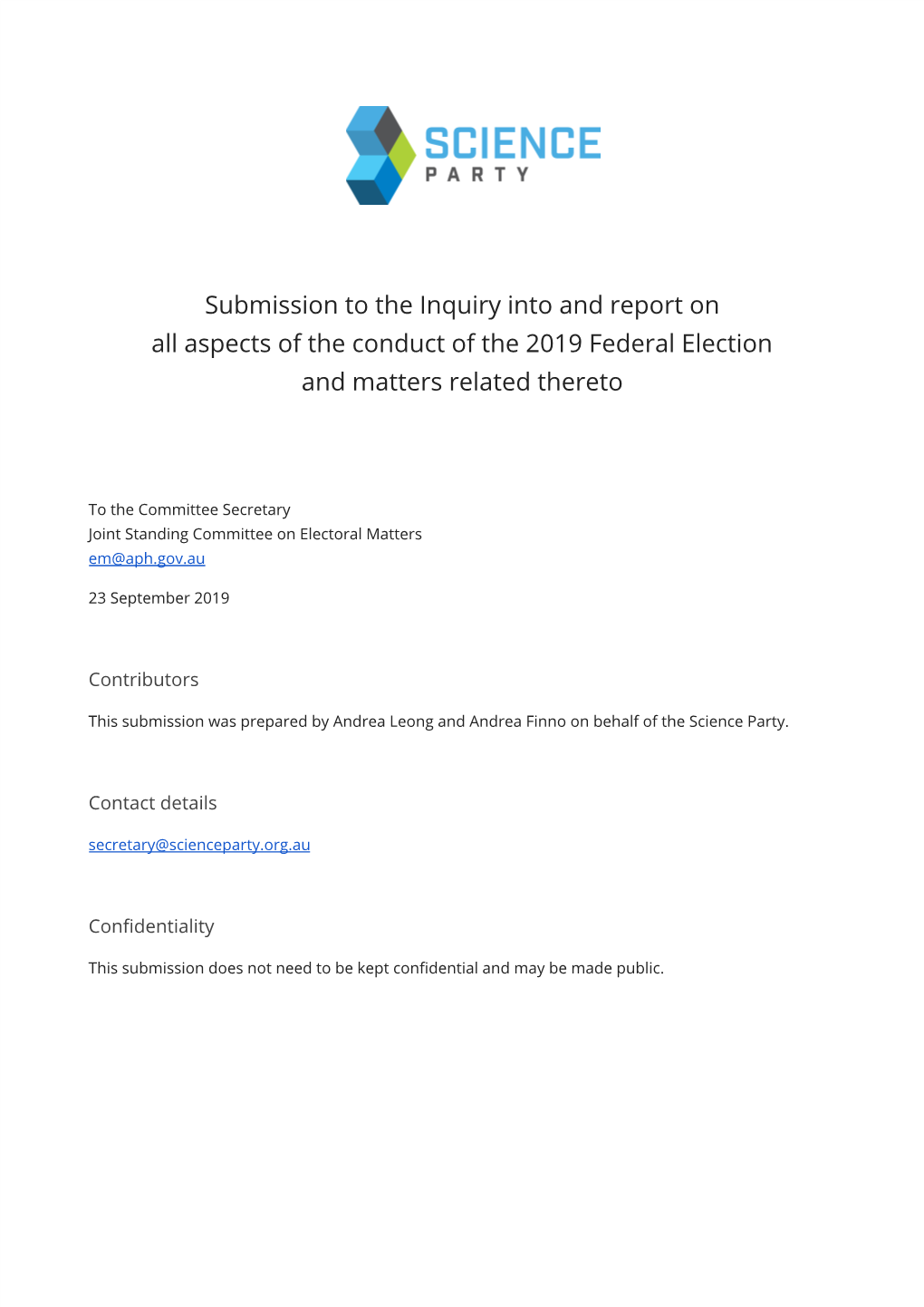 Submission to the Inquiry Into and Report on All Aspects of the Conduct of the 2019 Federal Election and Matters Related Thereto