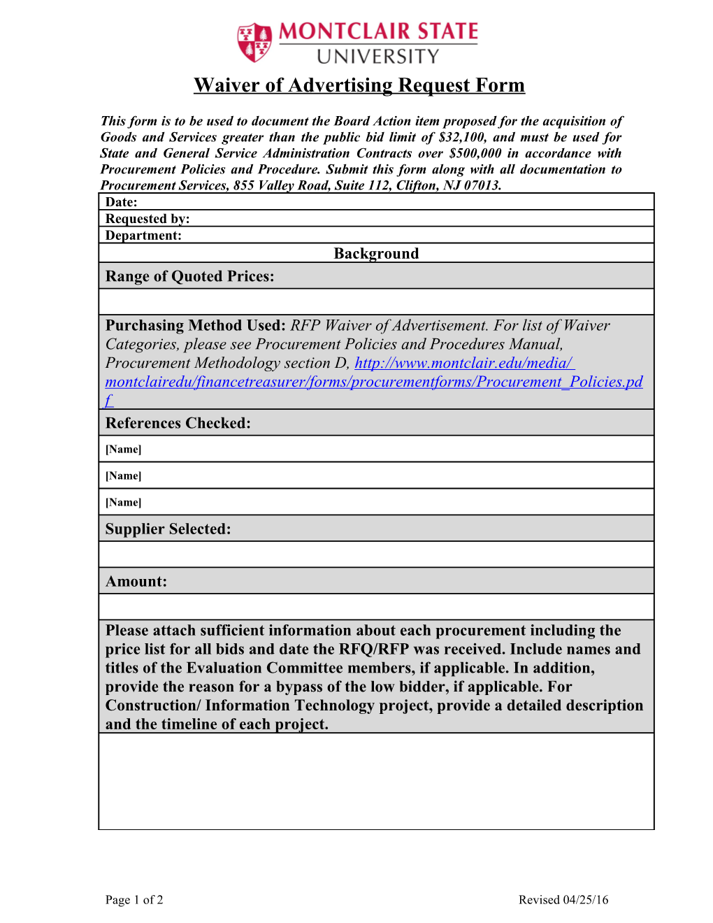 Bid Waiver Selection Form