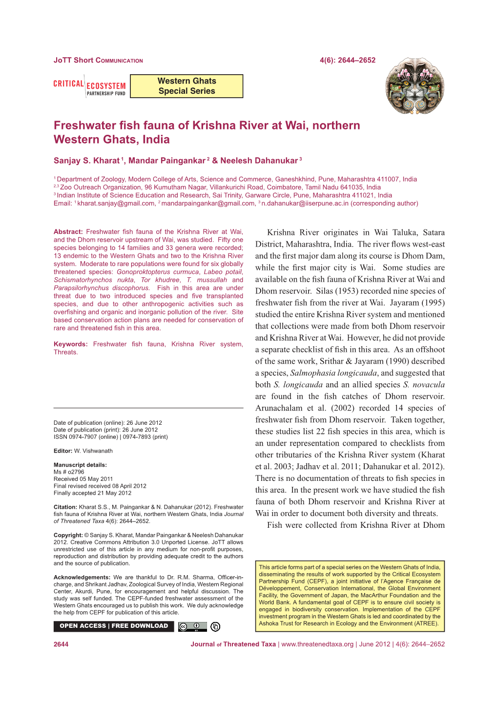 Freshwater Fish Fauna of Krishna River at Wai, Northern Western Ghats, India