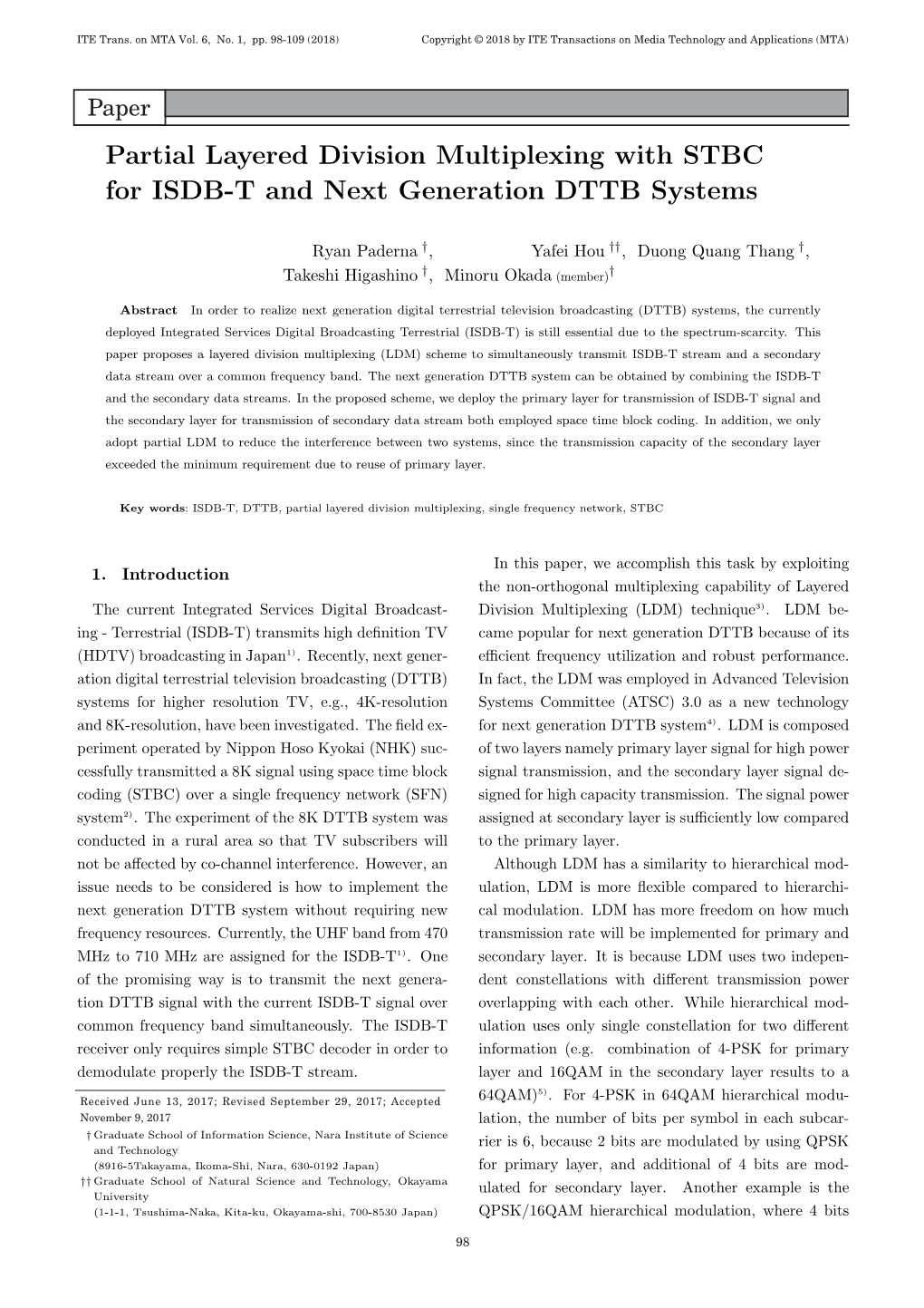 Paper Partial Layered Division Multiplexing with STBC for ISDB-T and Next Generation DTTB Systems