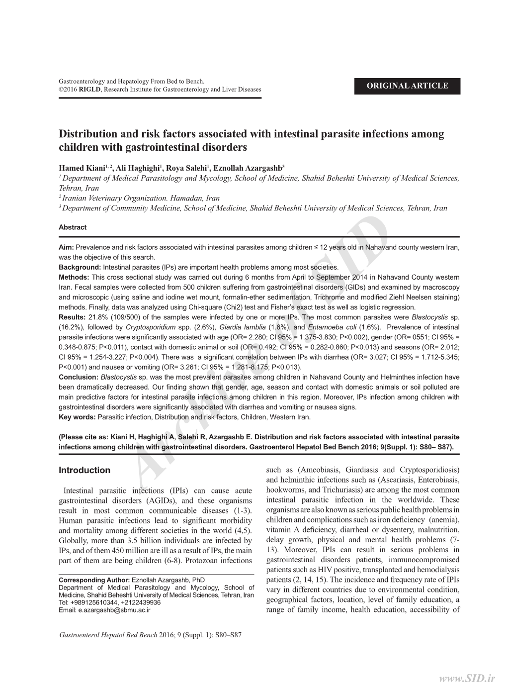 Distribution and Risk Factors Associated with Intestinal Parasite Infections Among Children with Gastrointestinal Disorders