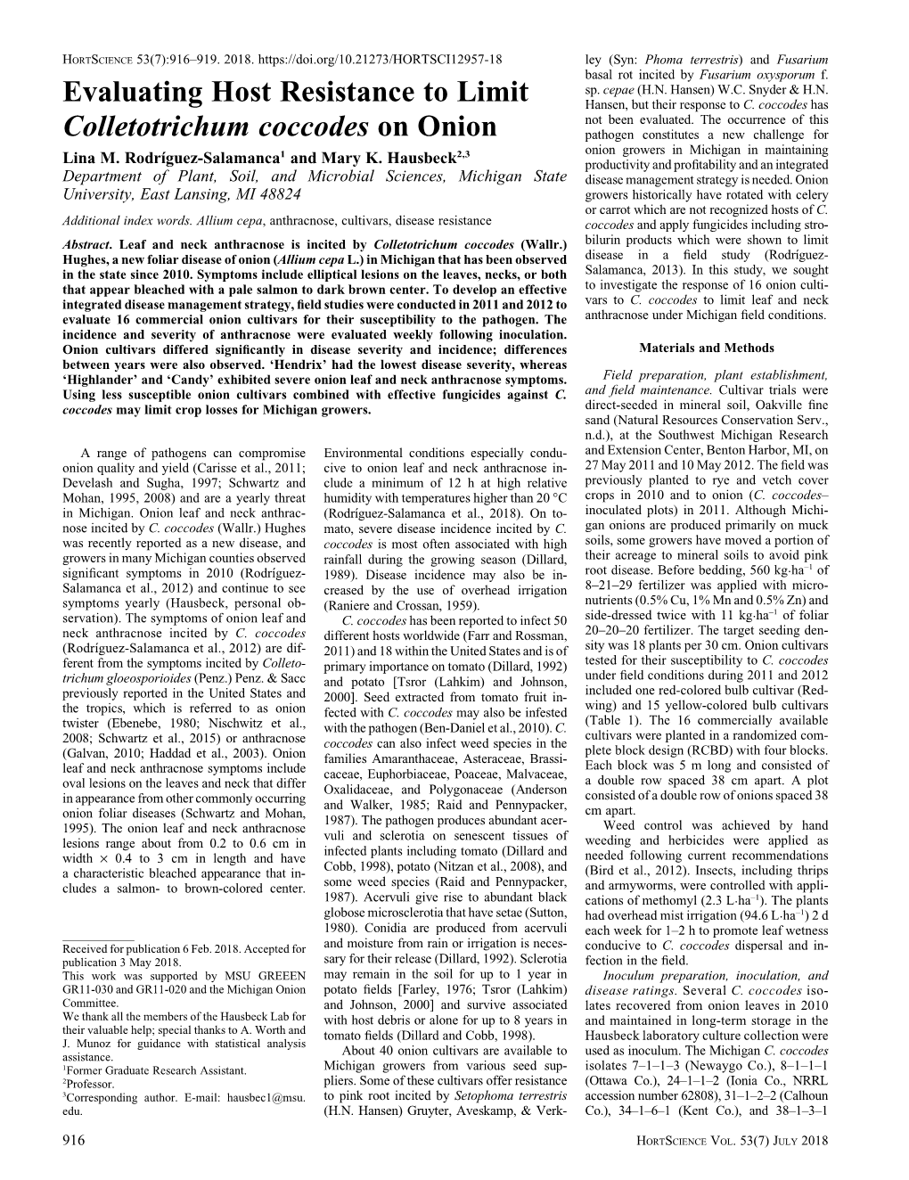 Evaluating Host Resistance to Limit Colletotrichum Coccodes on Onion