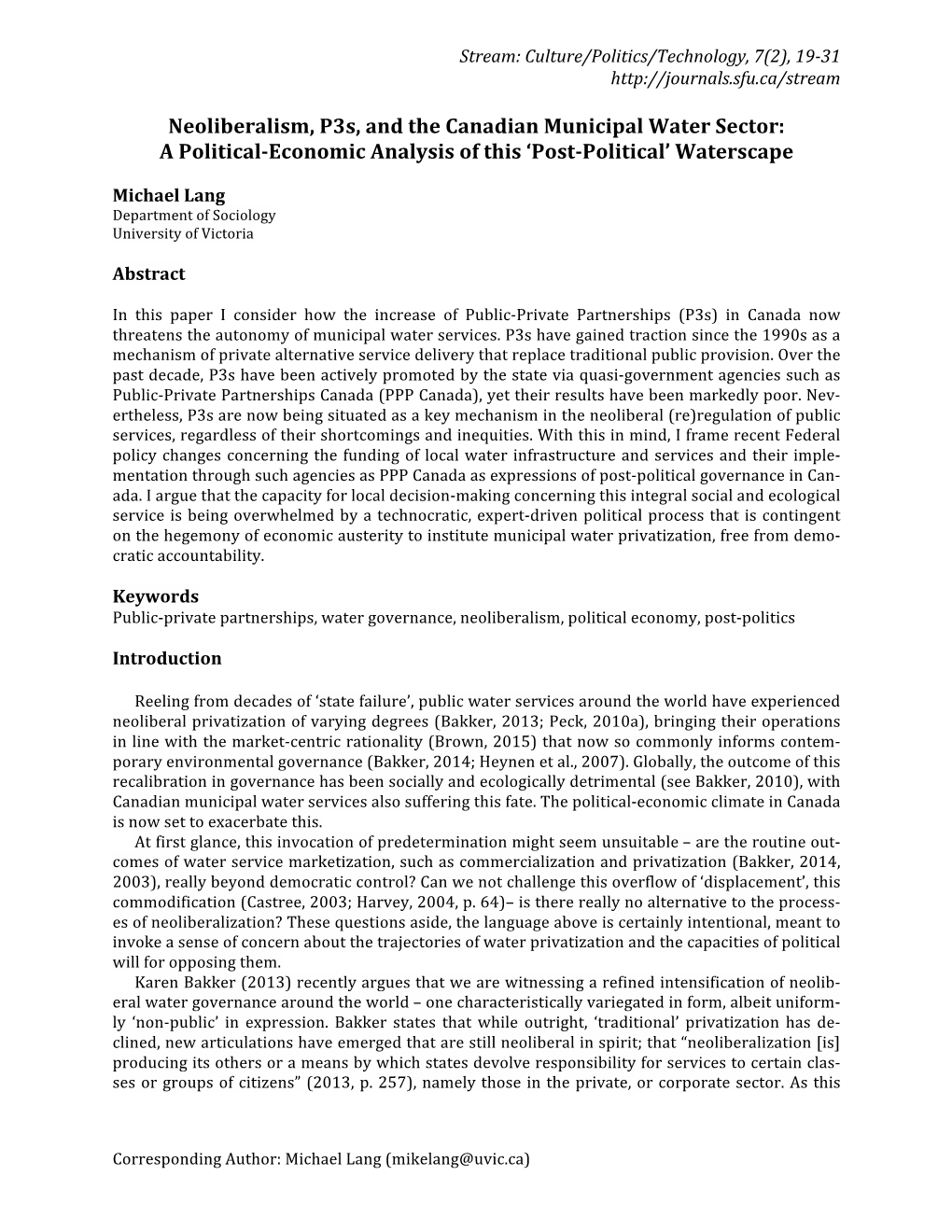 Neoliberalism, P3s, and the Canadian Municipal Water Sector: a Political-Economic Analysis of This ‘Post-Political’ Waterscape