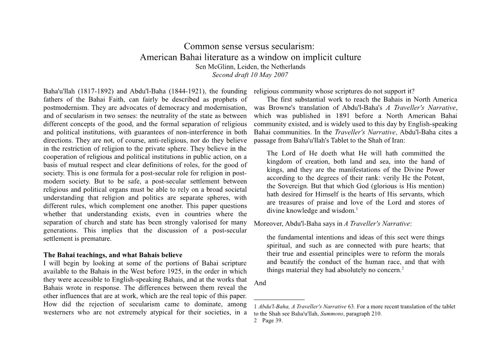 Common Sense Versus Secularism: American Bahai Literature As a Window on Implicit Culture Sen Mcglinn, Leiden, the Netherlands Second Draft 10 May 2007