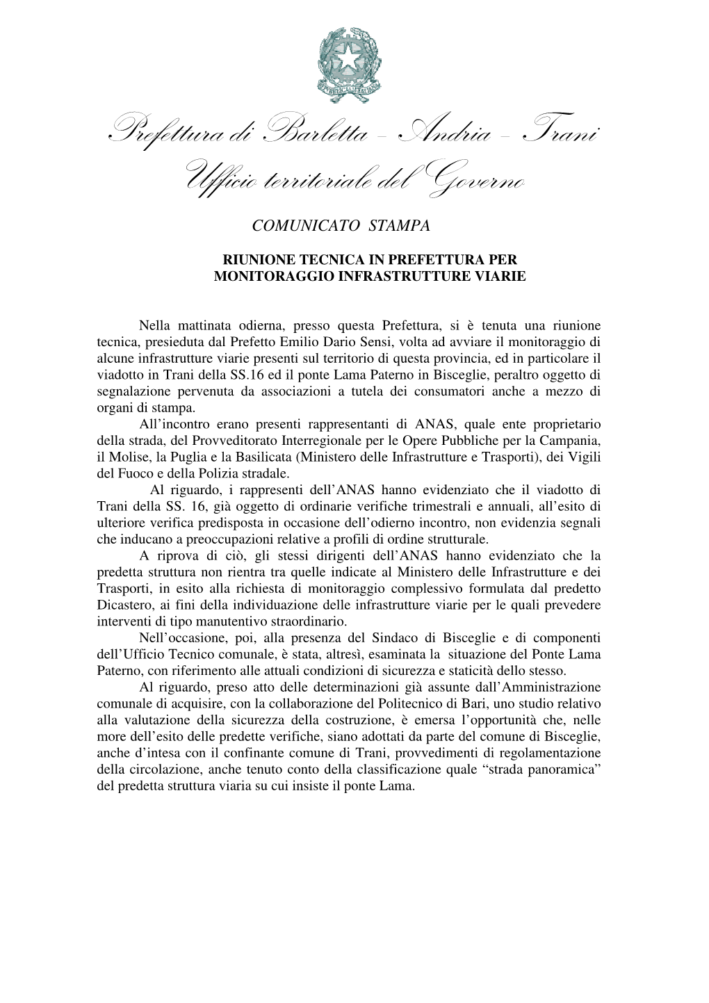 Prefettura Di Barletta – Andria – Trani Ufficio Territoriale Del Governo