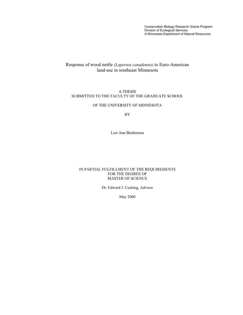 Response of Wood Nettle (Laportea Canadensis) to Euro-American Land-Use in Southeast Minnesota