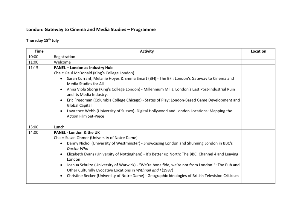 London: Gateway to Cinema and Media Studies – Programme