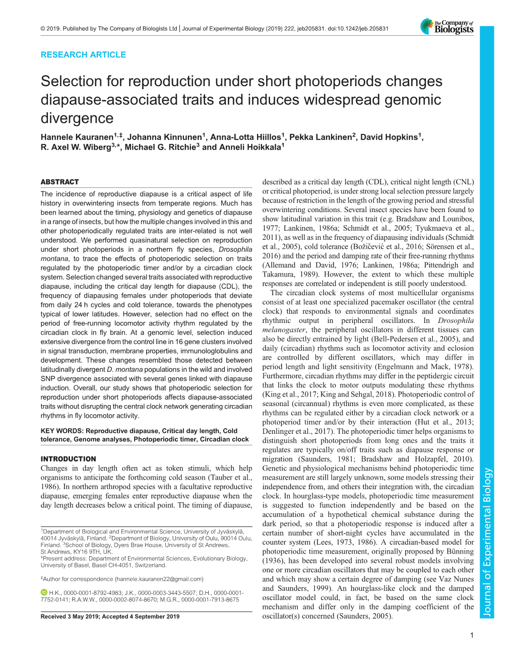 Selection for Reproduction Under Short Photoperiods Changes Diapause