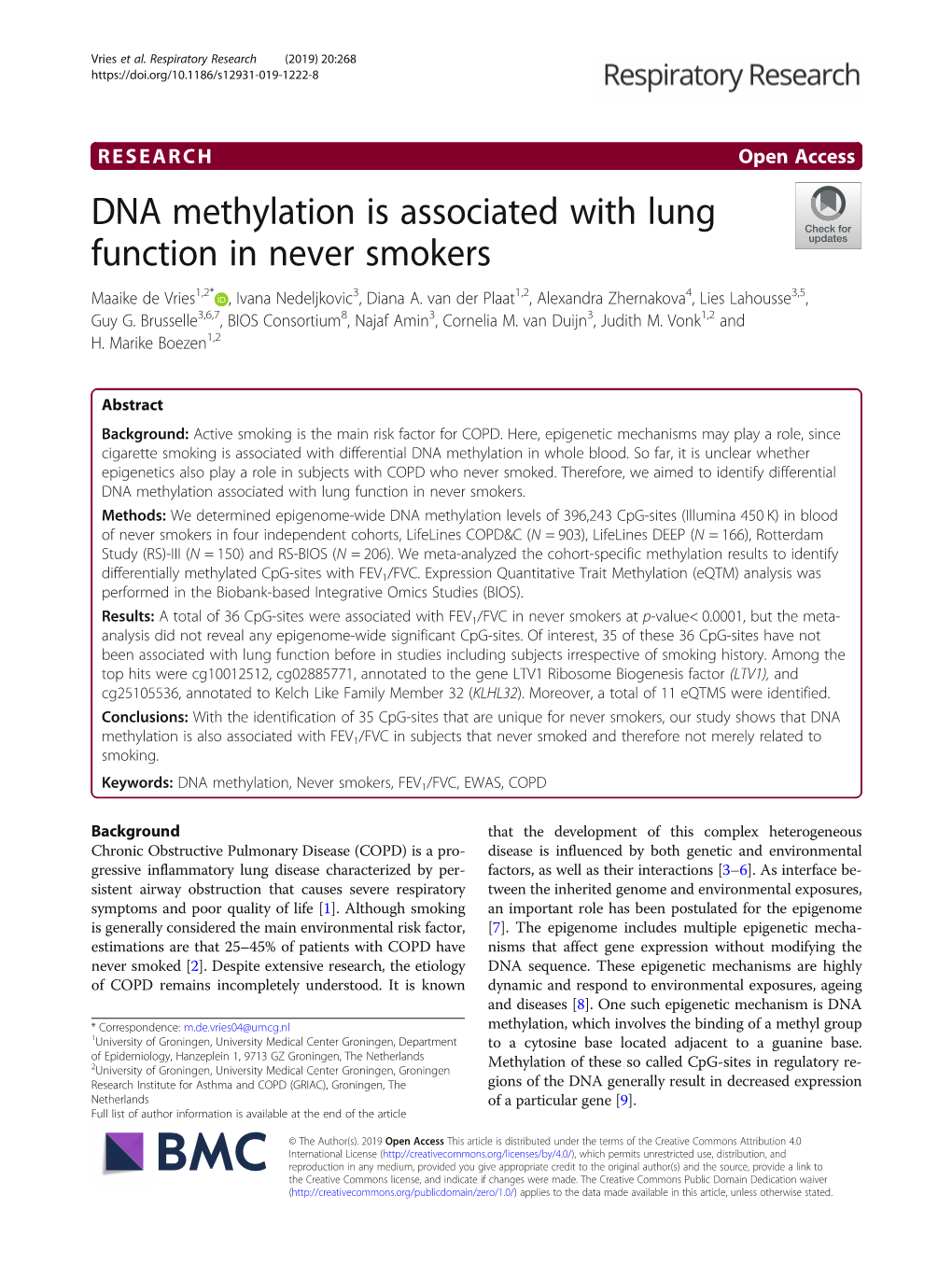 DNA Methylation Is Associated with Lung Function in Never Smokers Maaike De Vries1,2* , Ivana Nedeljkovic3, Diana A