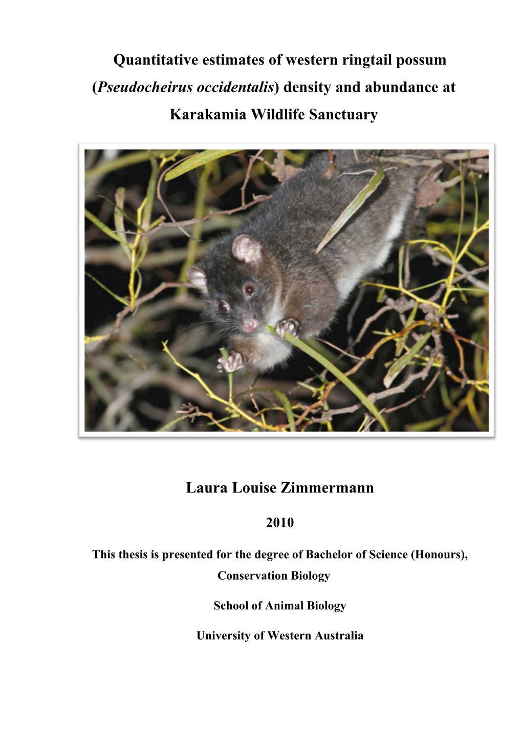 Quantitative Estimates of Western Ringtail Possum (Pseudocheirus Occidentalis) Density and Abundance at Karakamia Wildlife Sanctuary