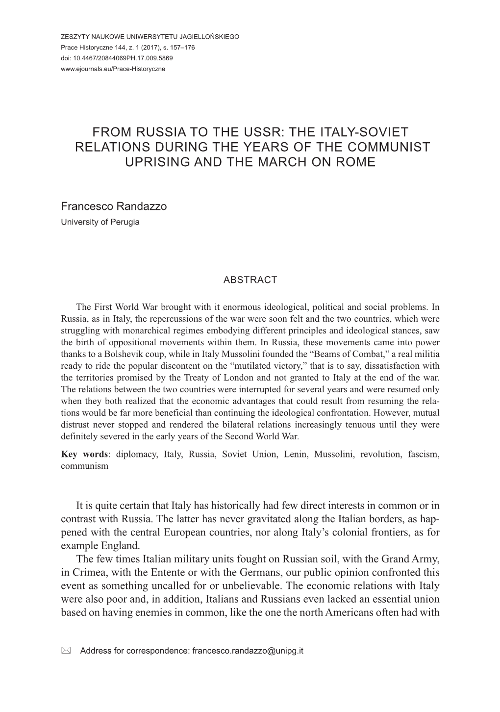 From Russia to the Ussr: the Italy-Soviet Relations During the Years of the Communist Uprising and the March on Rome