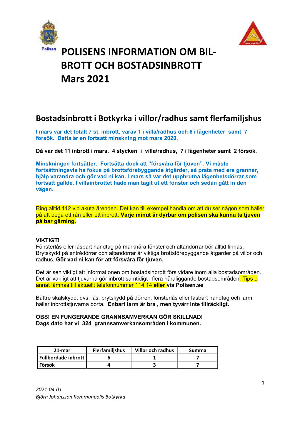 BROTT OCH BOSTADSINBROTT Mars 2021