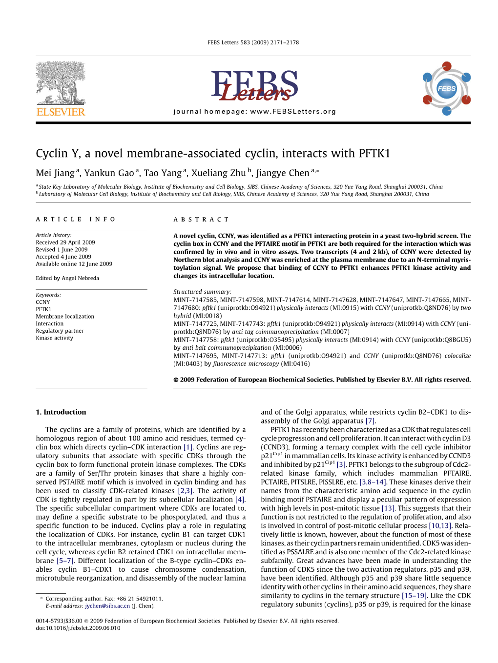 Cyclin Y, a Novel Membrane-Associated Cyclin, Interacts with PFTK1