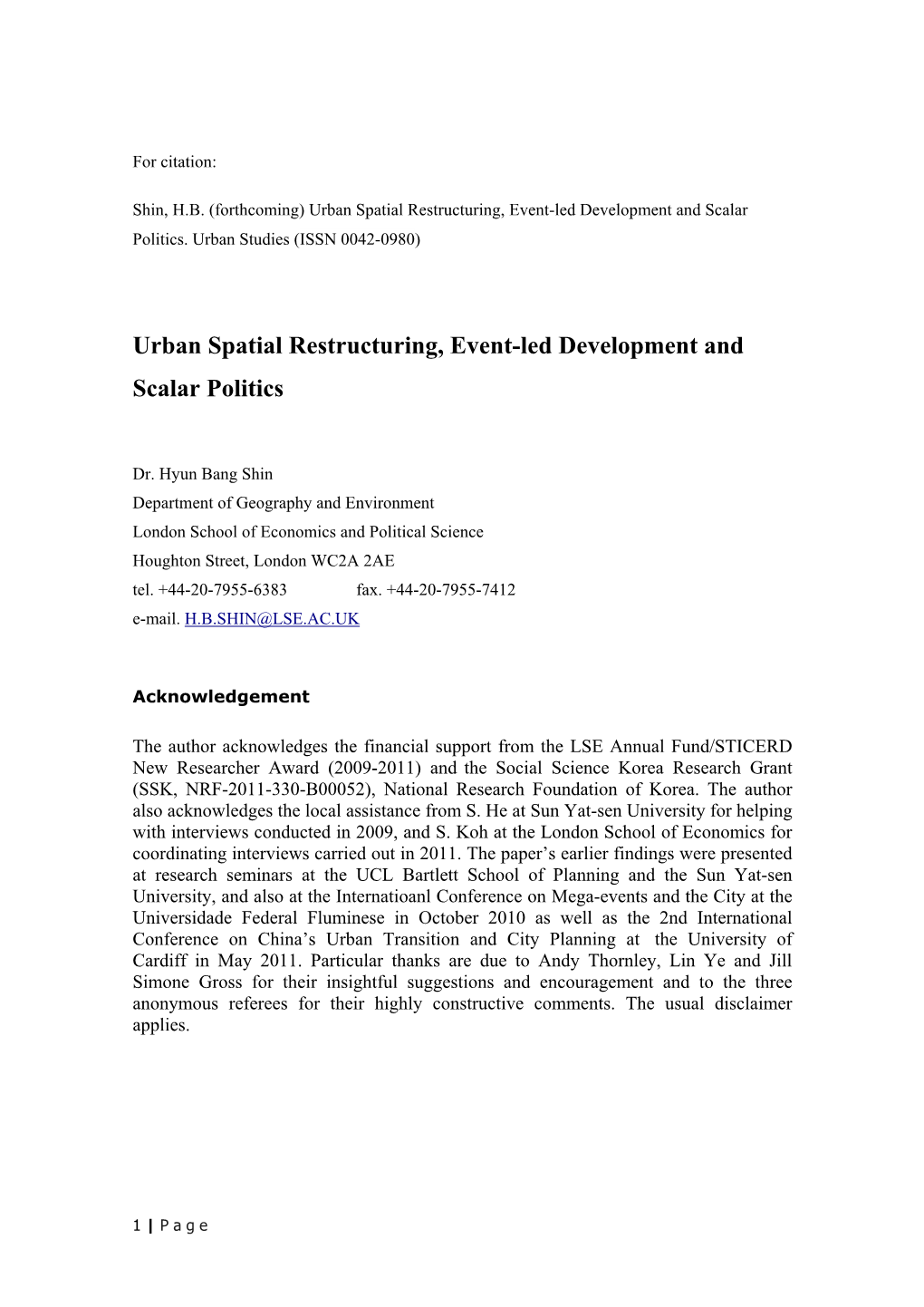 Urban Spatial Restructuring, Event-Led Development and Scalar Politics
