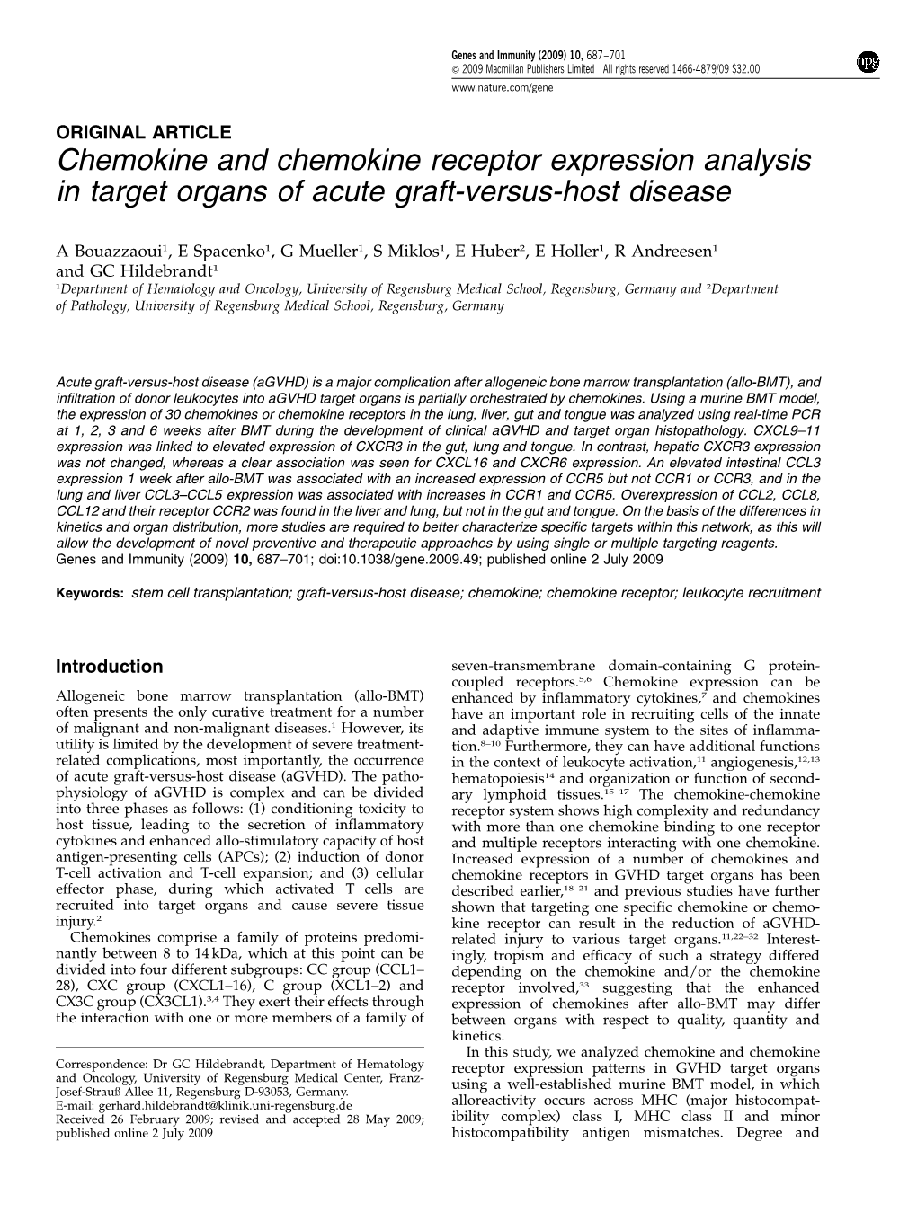 Chemokine and Chemokine Receptor Expression Analysis in Target Organs of Acute Graft-Versus-Host Disease