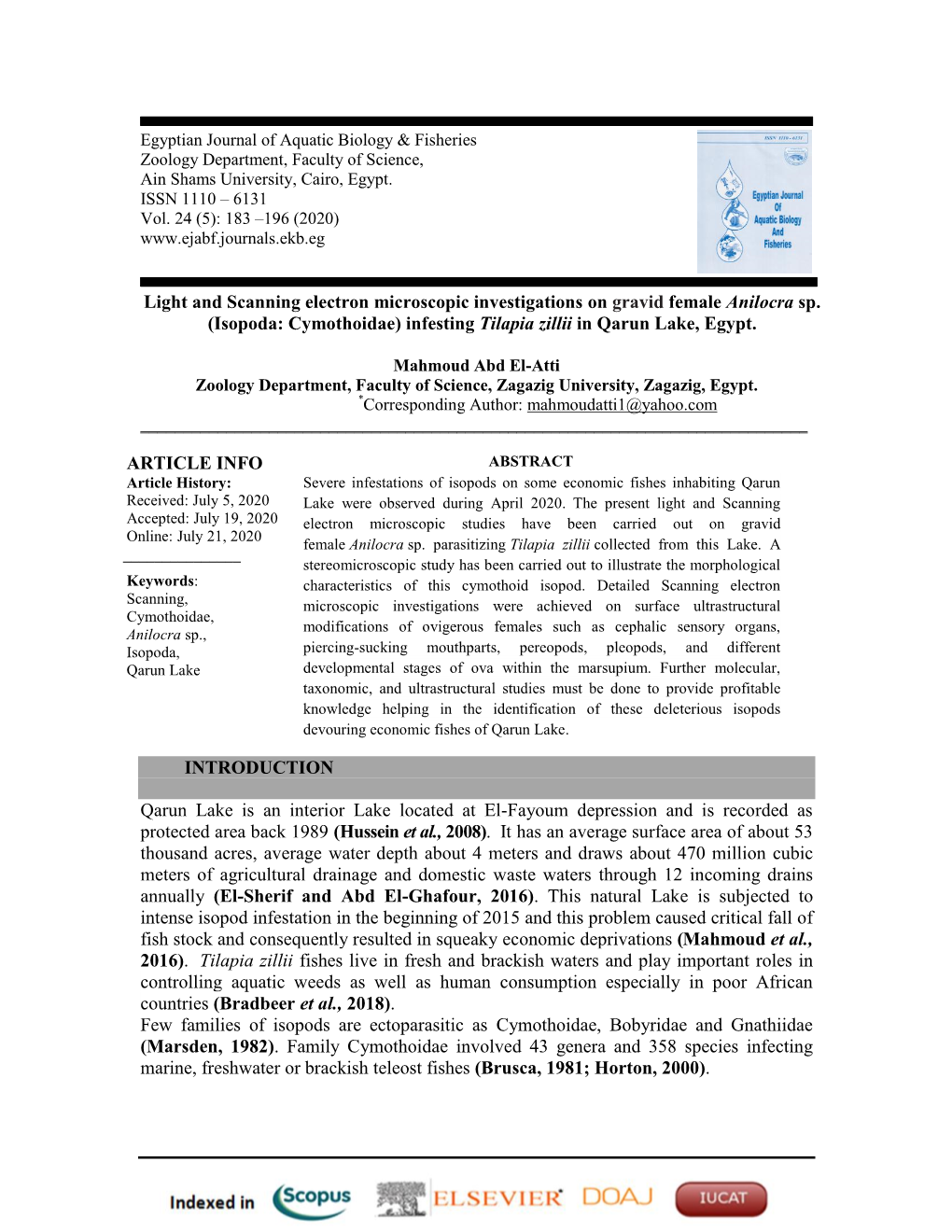 (Isopoda: Cymothoidae) Infesting Tilapia Zillii in Qarun Lake, Egypt